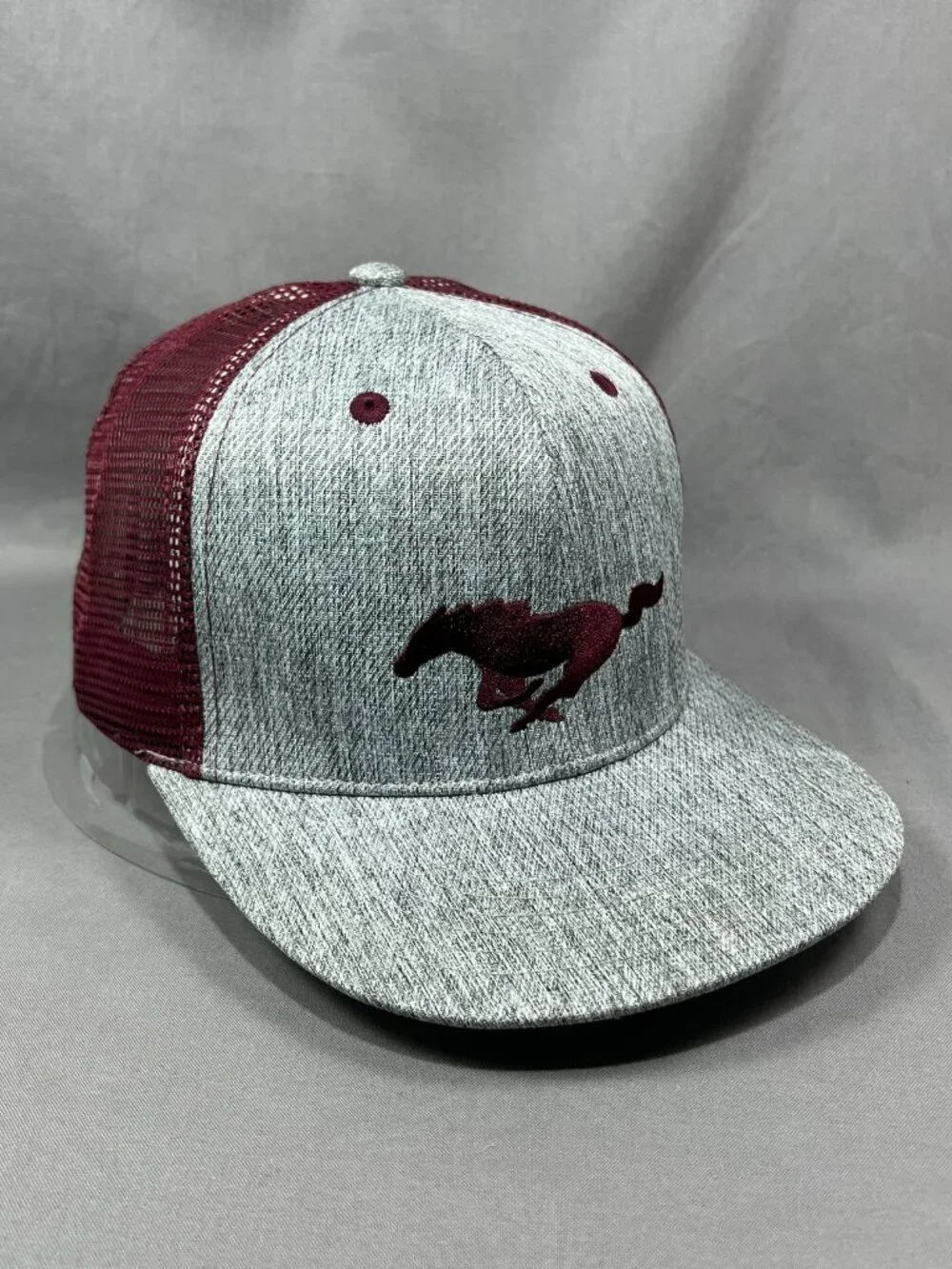 Ford Mustang Trucker Hat Snapback Gray Burgundy Horse Pony Motorsports Adult Cap